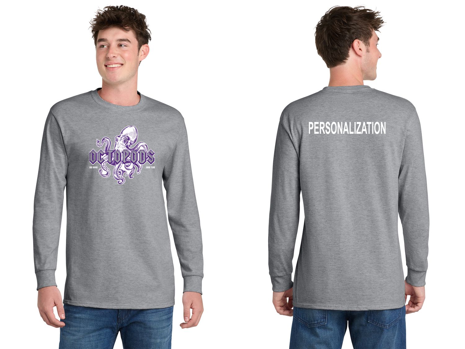 Adult Essential Soft Cotton Long Sleeve Tee - Heather Grey/ Dark Green/White