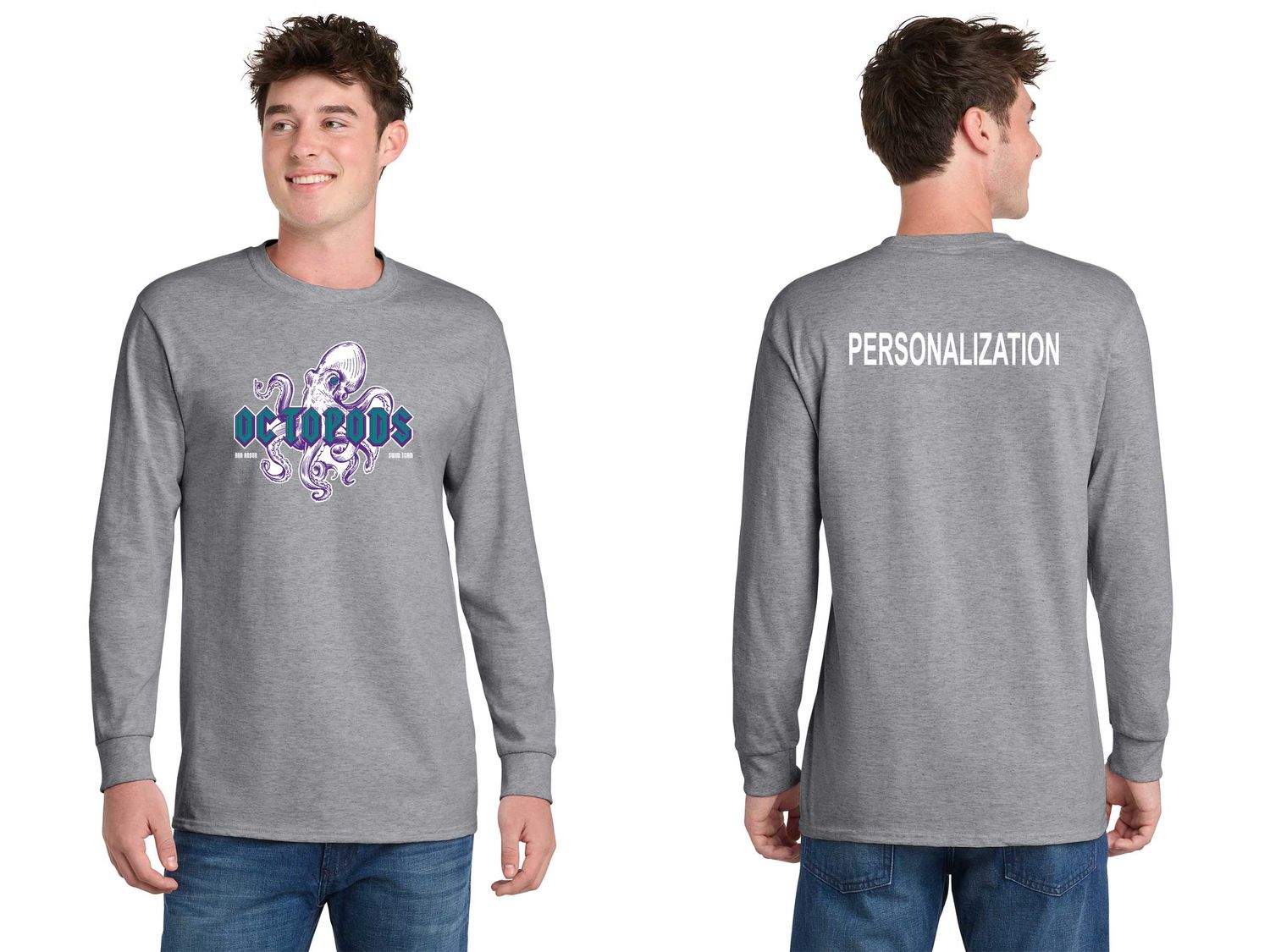 Adult Essential Soft Cotton Long Sleeve Tee - Heather Grey/ Dark Green/White