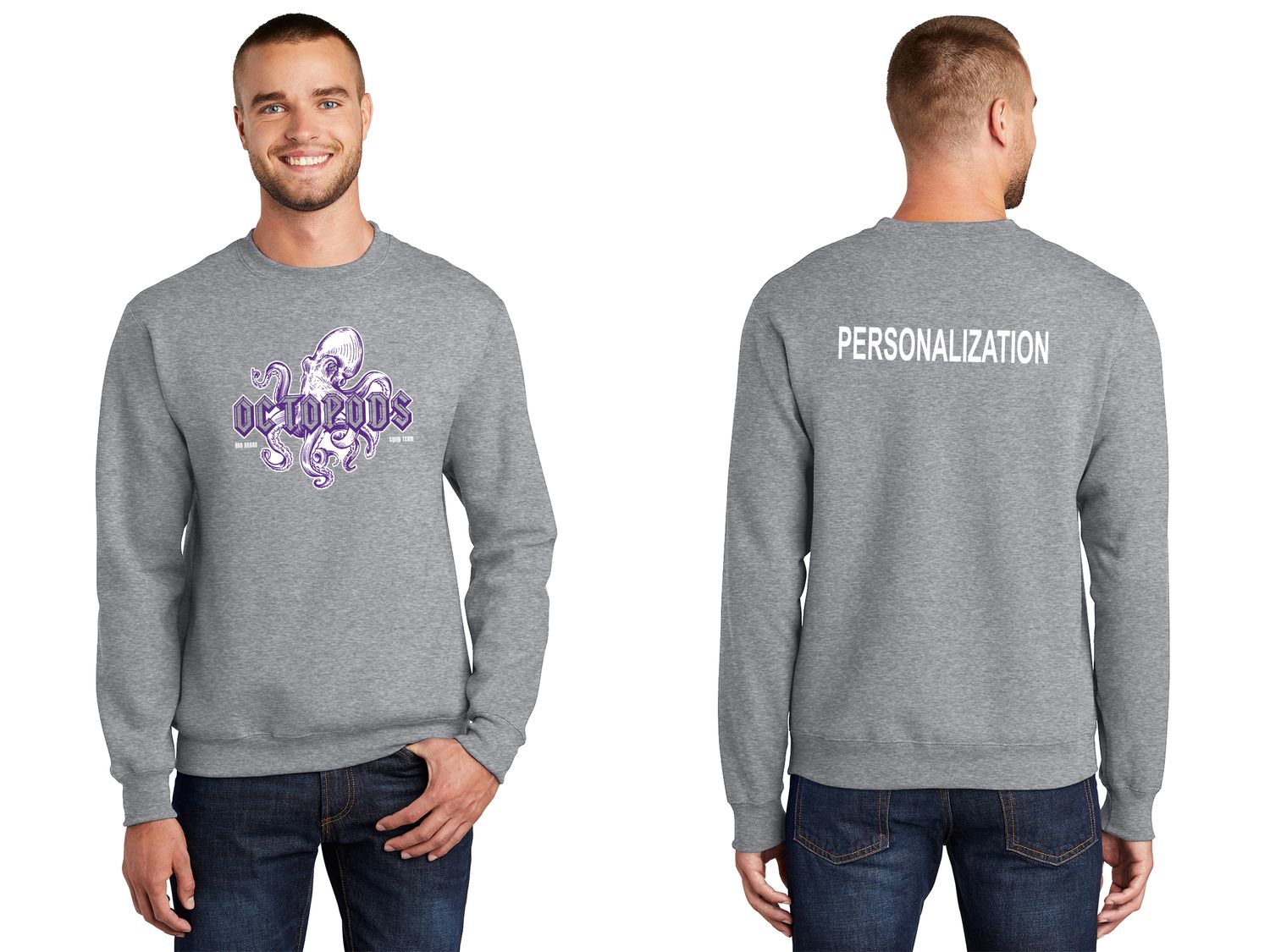 Cotton Pullover Crewneck Sweatshirt- Athletic Grey/ White/ Dark Green