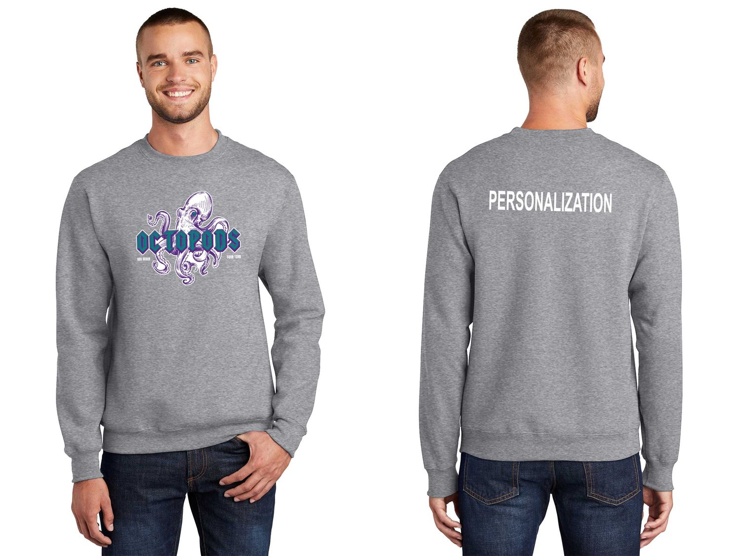 Cotton Pullover Crewneck Sweatshirt- Athletic Grey/ White/ Dark Green