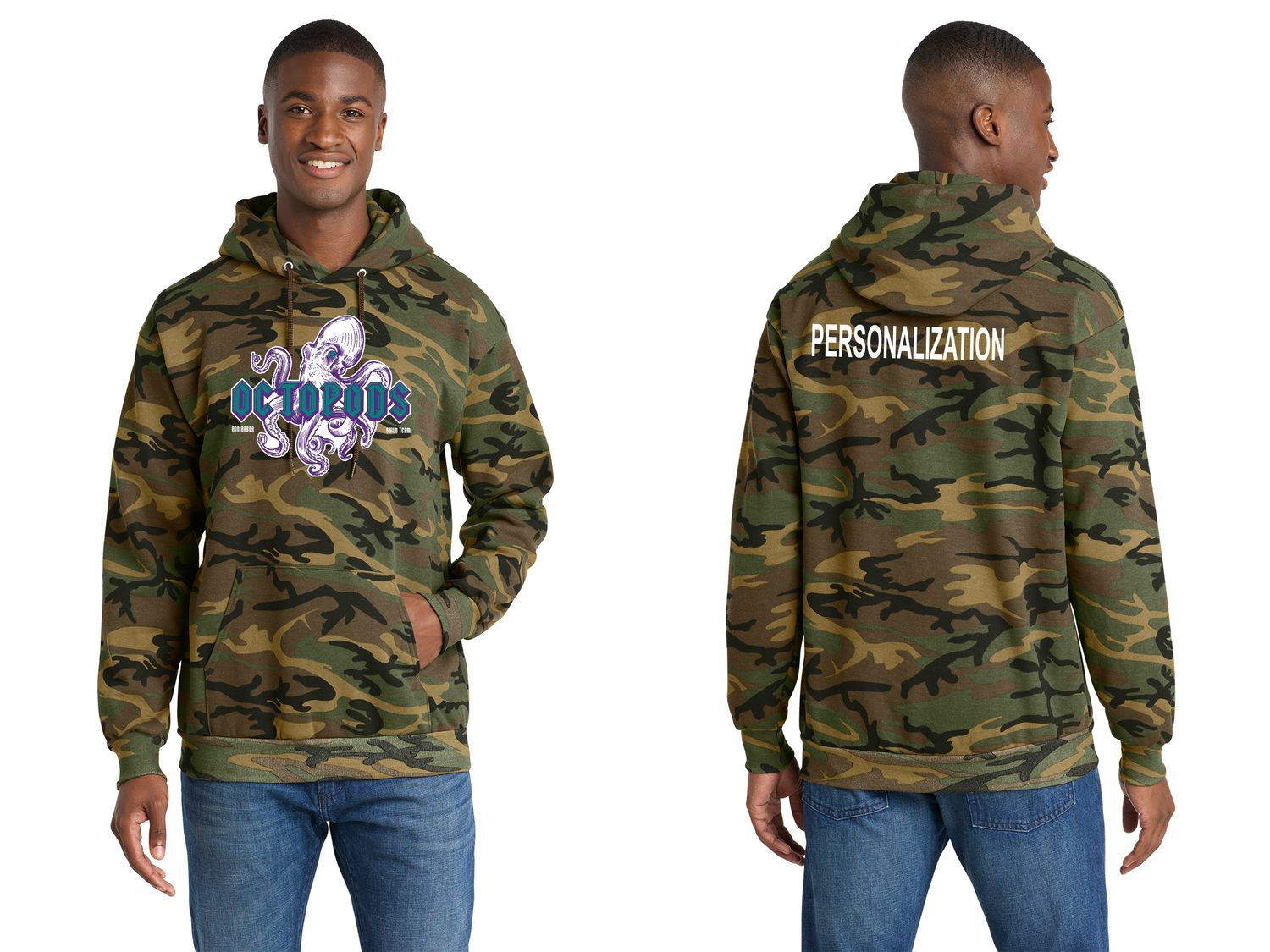 Midweight Camo Hooded Sweatshirt- Military Camo, Black Heather Camo