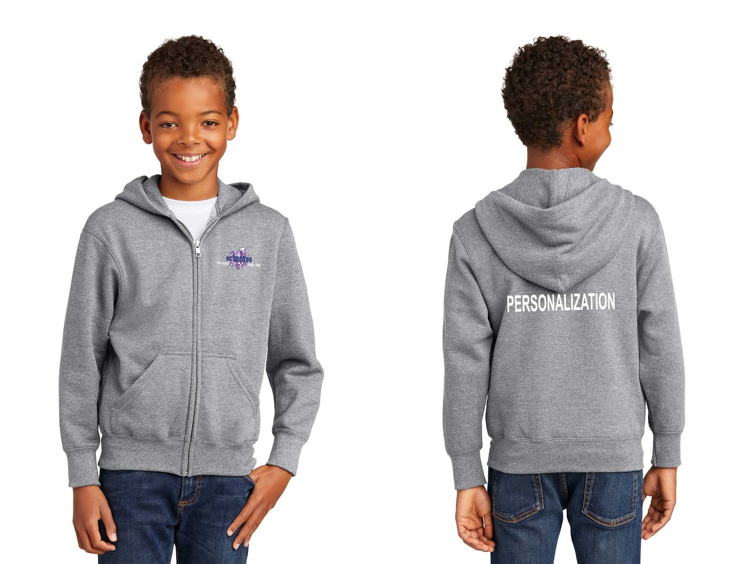 Youth Fleece Full-Zip Hooded Sweatshirt- Heather Grey / Dark Green