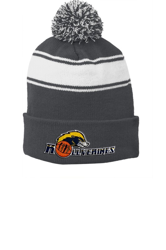 Stripe Pom Beanie- Navy/ Grey