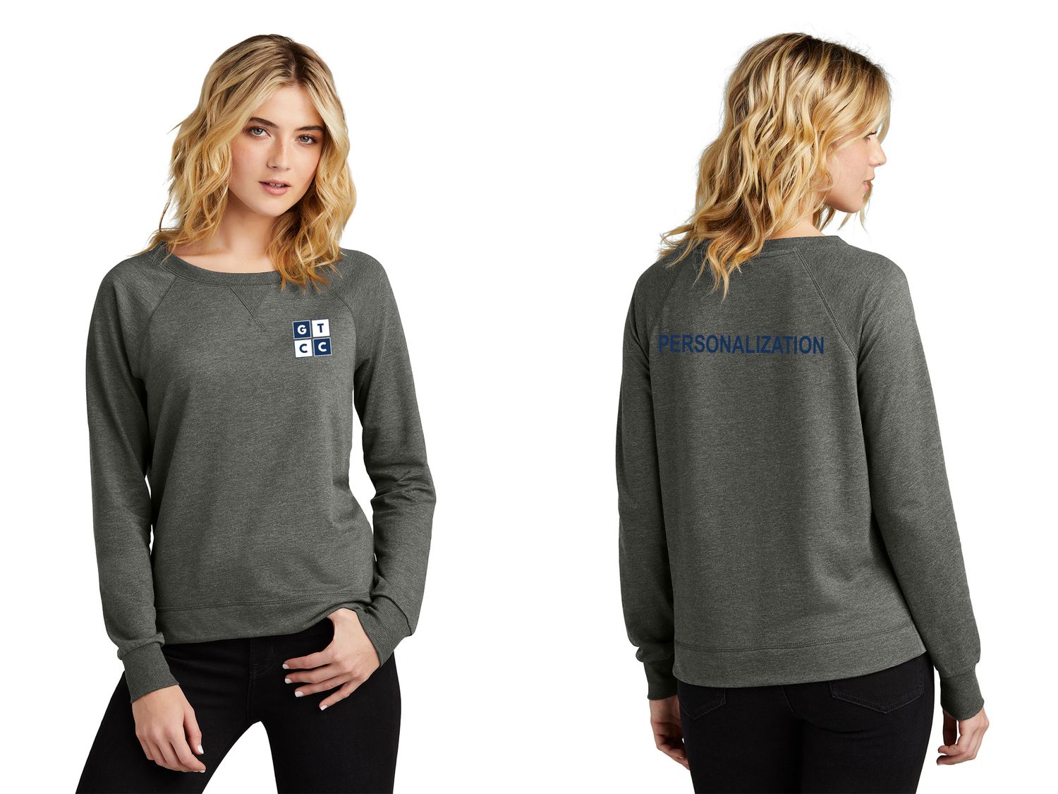 District Women’s Featherweight French Terry Long Sleeve Crewneck- Light Grey, Dark Grey, Flint Blue