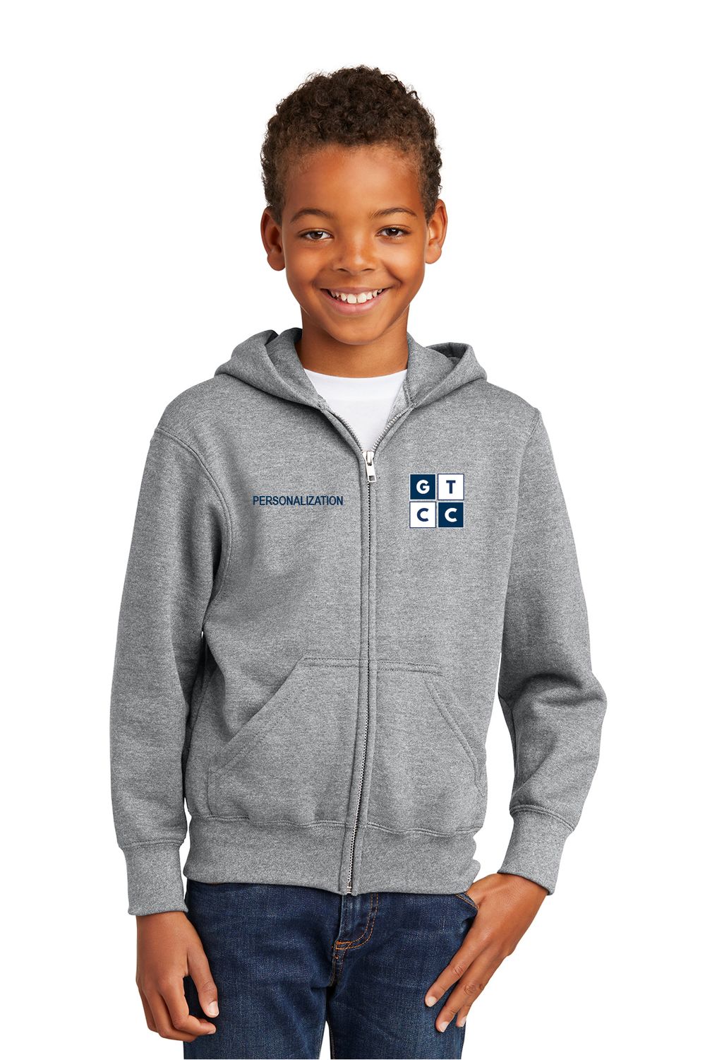 Youth Fleece Full-Zip Hooded Sweatshirt- Heather Grey / Navy/ Carolina Blue