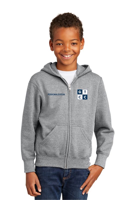 Youth Fleece Full-Zip Hooded Sweatshirt- Heather Grey / Navy/ Carolina Blue