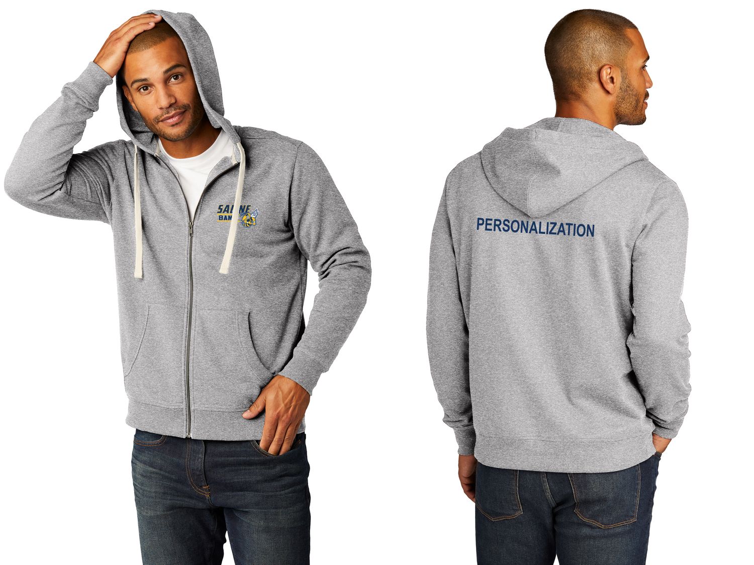 Unisex District Re-Fleece Full-Zip Hoodie- Navy, Light Heather Grey Unisex District Re-Fleece Full-Zip Hoodie- Navy, Light Heather Grey