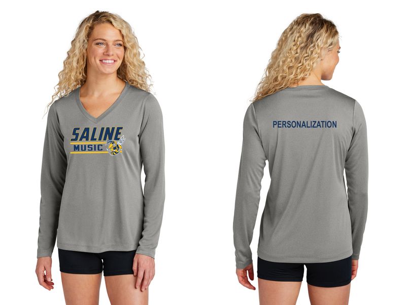 Ladies Long Sleeve Performance Tee- Navy, Concrete Grey