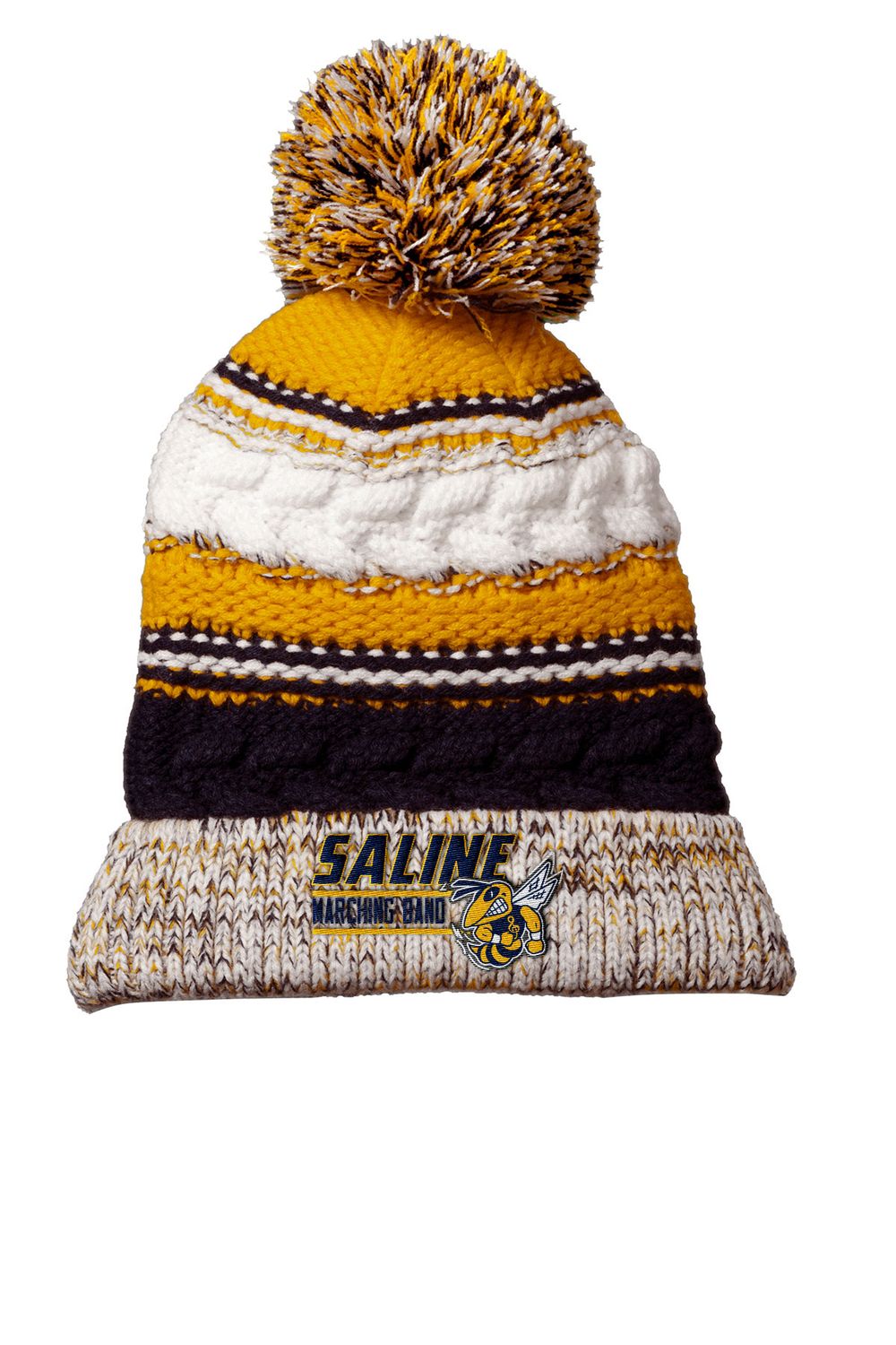 Sport Tek Pom Beanie Navy, Gold & White