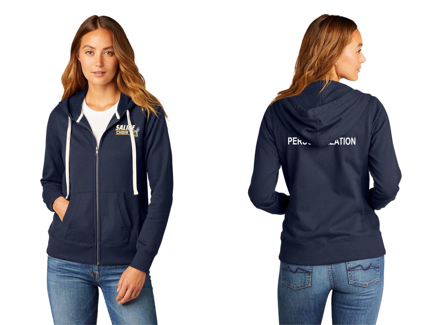 District Women's Re-Fleece Full-Zip Hoodie-Navy, Light Heather Grey