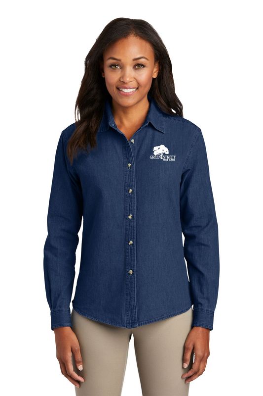 Port & Company Women's Long Sleeve Denim Shirt- Ink Blue