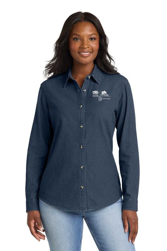 Port & Company Women's Long Sleeve Denim Shirt- Ink Blue