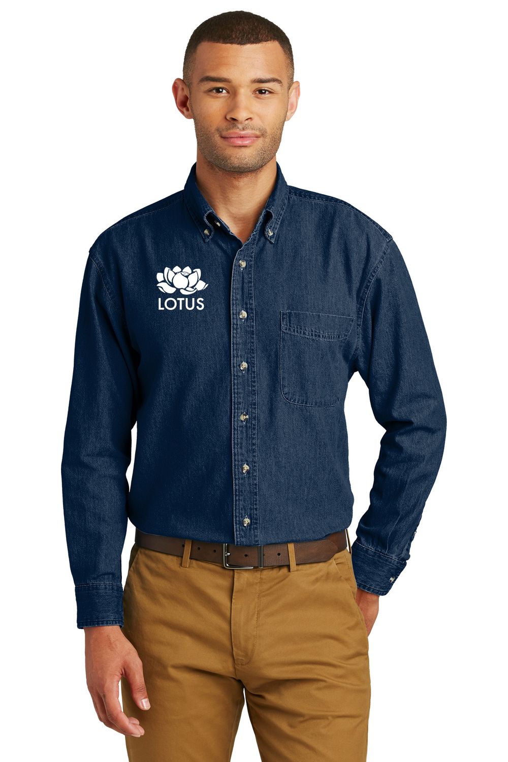 Port & Company Long Sleeve Denim Shirt- Faded Blue, Ink Blue