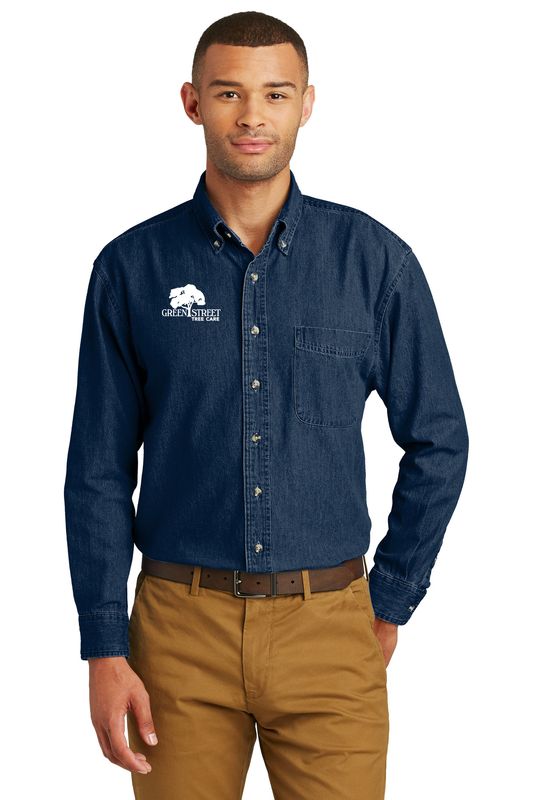 Port & Company Long Sleeve Denim Shirt- Faded Blue, Ink Blue