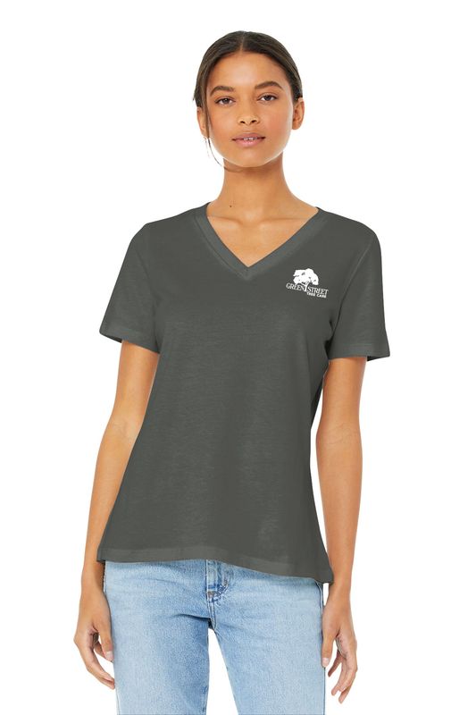 Women’s BELLA+CANVAS Relaxed Jersey Short Sleeve V-Neck Tee- Black, Navy, Asphalt (Front logo only)