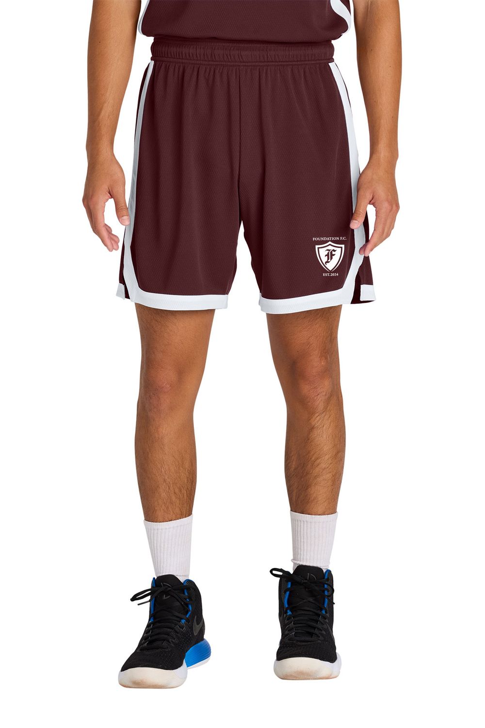 Sport-Tek Rival Basketball 7” Short- Maroon/White, Black/White