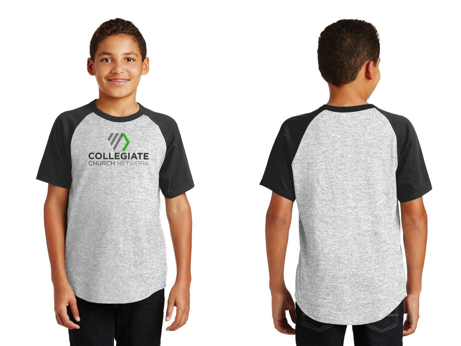 Youth Short Sleeve Baseball Tee - White/Black, Heather Grey/Black Youth Short Sleeve Baseball Tee - White/Black, Heather Grey/Black