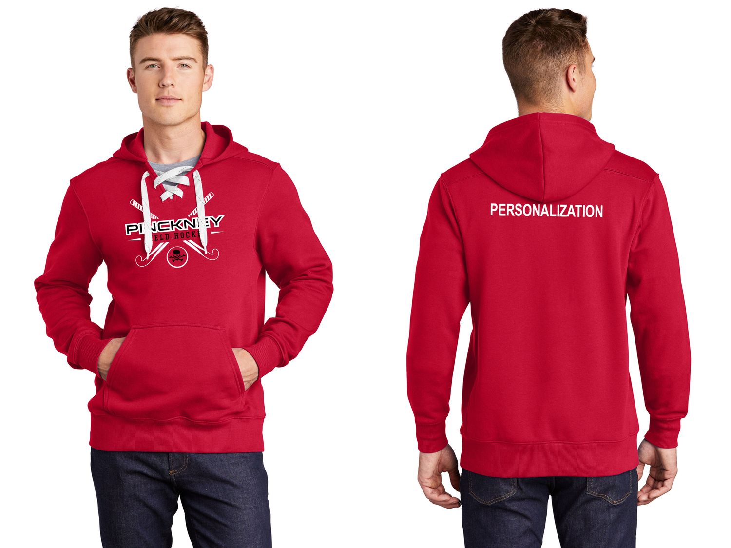 Unisex Lace Up Pullover Hooded Sweatshirt-Black, Red Unisex Lace Up Pullover Hooded Sweatshirt-Black, Red