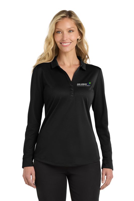 Ladies Silk Touch Performance Long Sleeve Polo-Black, Grey