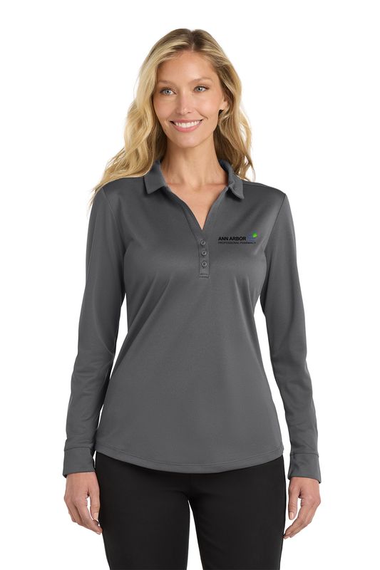 Ladies Silk Touch Performance Long Sleeve Polo-Black, Grey