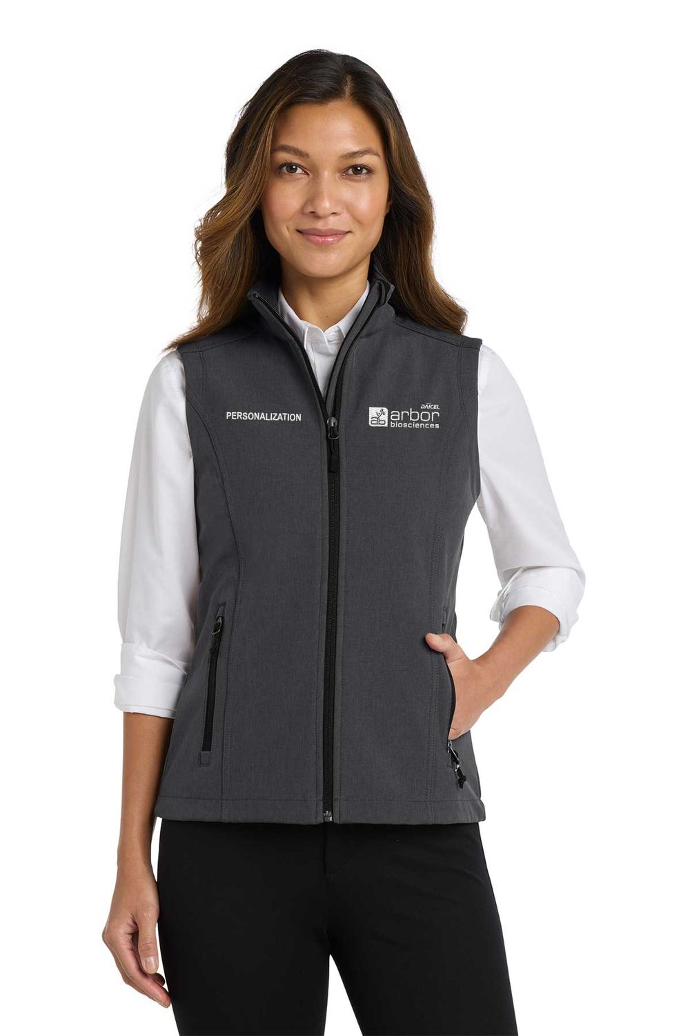 Ladies Core Soft Shell Vest - Charcoal Heather, Navy Ladies Core Soft Shell Vest - Charcoal Heather, Navy