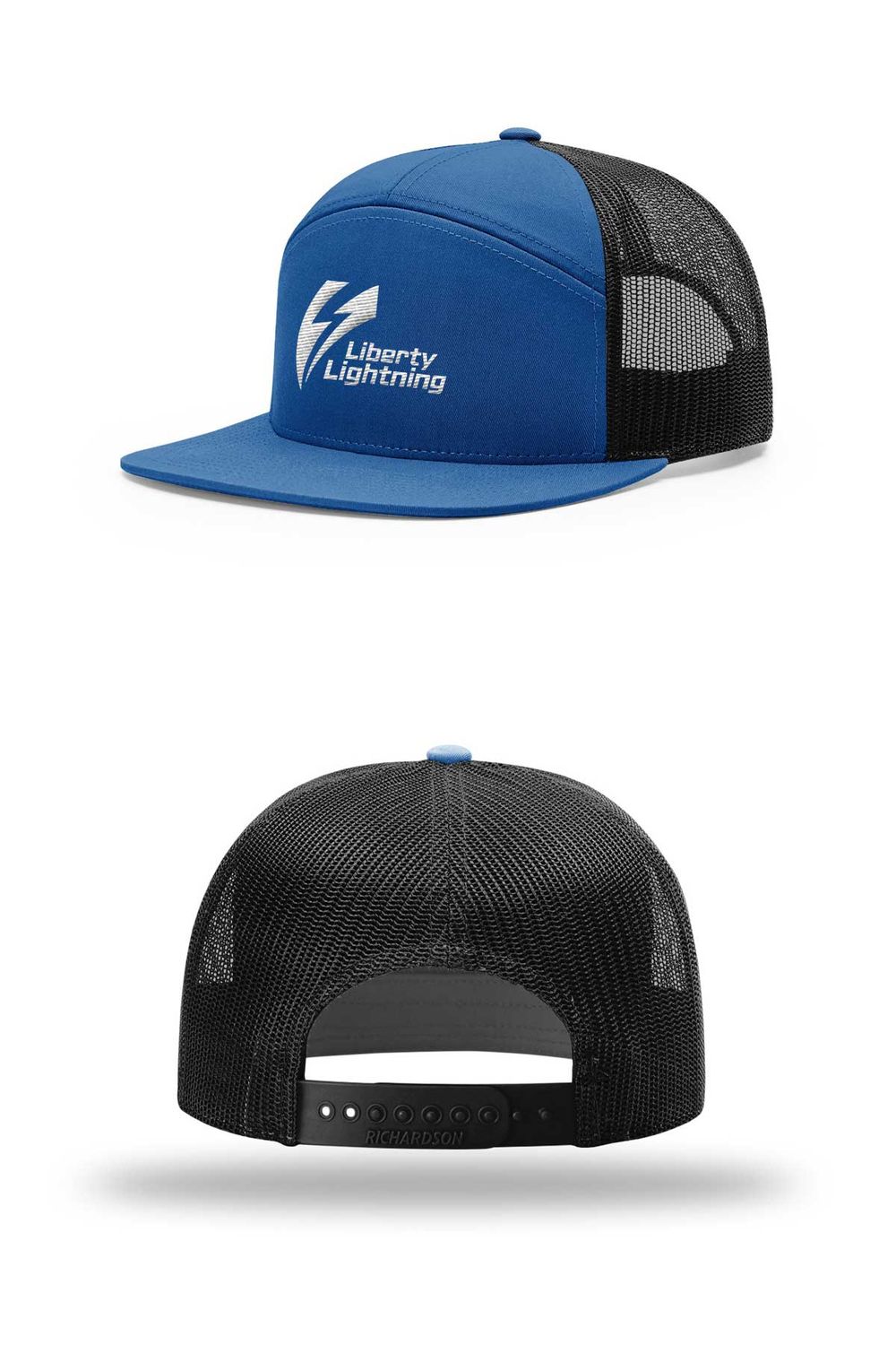 Richardson 7-Panel Trucker- Royal, White, Black Richardson 7-Panel Trucker- Royal, White, Black