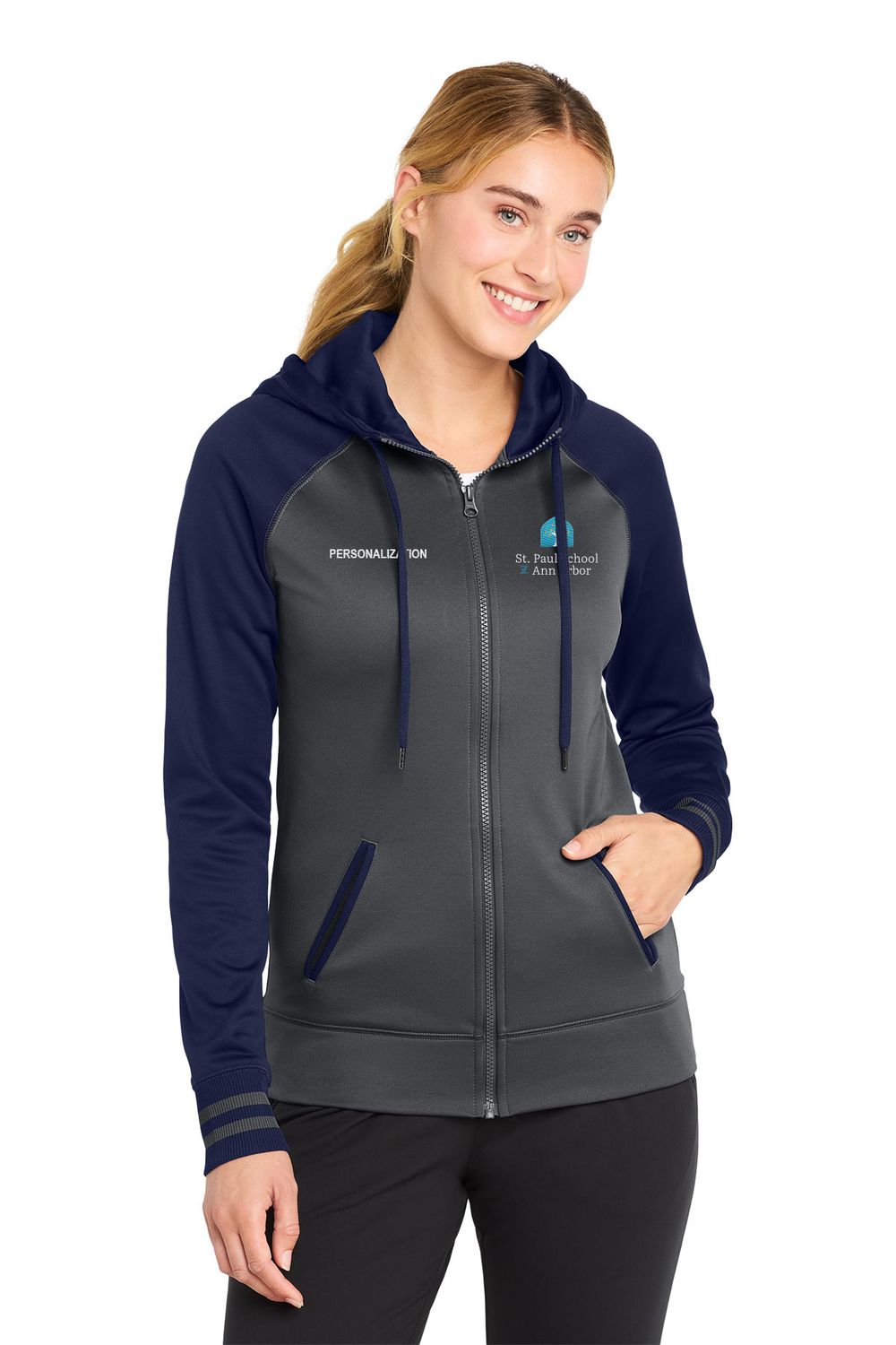 Sport-Tek Womens Sport-Wick Varsity Fleece Full-Zip Hooded Jacket- Dark Grey/ Navy