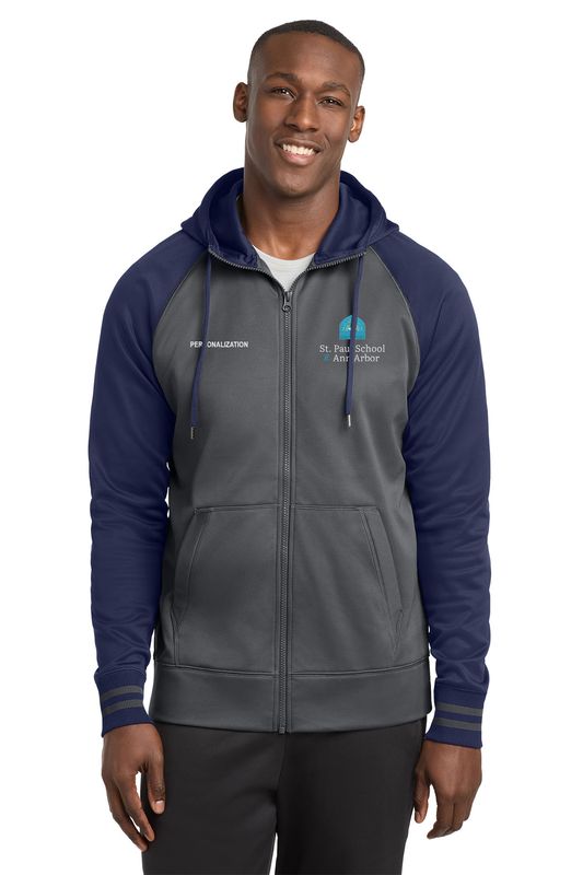 Sport-Tek Sport-Wick Varsity Fleece Full-Zip Hooded Jacket- Dark Grey/ Navy