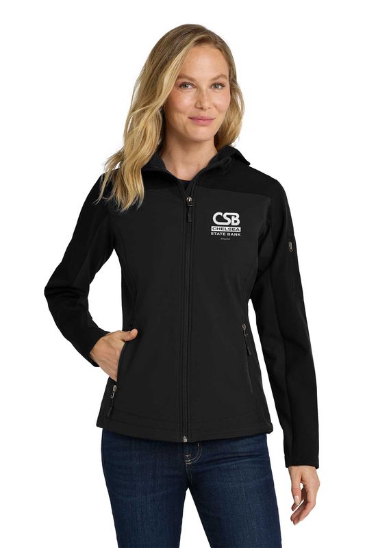 NEW Port Authority Women's Hooded Core Soft Shell Jacket- Black, Black/Battleship Grey