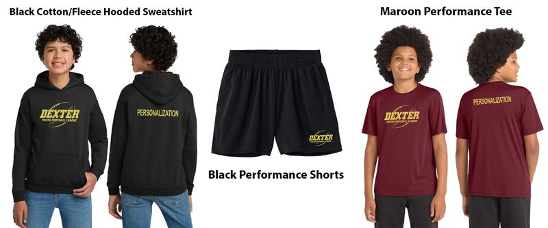 PLAYER PACK (Youth and Adult Sizes included) - Includes Cotton Hood in Black with Name, Black Performance Shorts, Maroon Performance T-Shirt PLAYER PACK (Youth and Adult Sizes included) - Includes Cotton Hood in Black with Name, Black Performance Shorts, Maroon Performance T-Shirt
