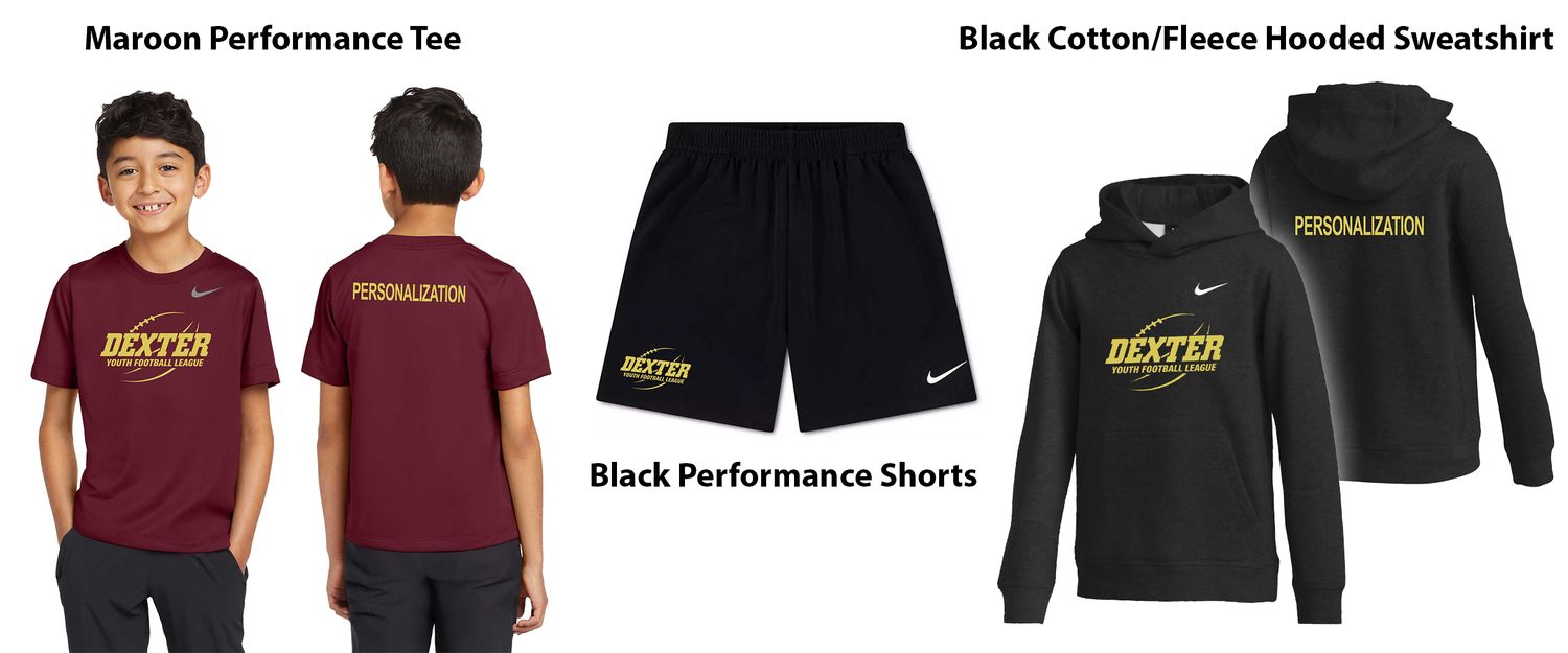 NIKE PLAYER PACK (Youth and Adult Sizes included) - Includes Black Nike Cotton Hood with Last Name, Nike Shorts, Nike Performance T-shirt in Maroon NIKE PLAYER PACK (Youth and Adult Sizes included) - Includes Black Nike Cotton Hood with Last Name, Nike Shorts, Nike Performance T-shirt in Maroon