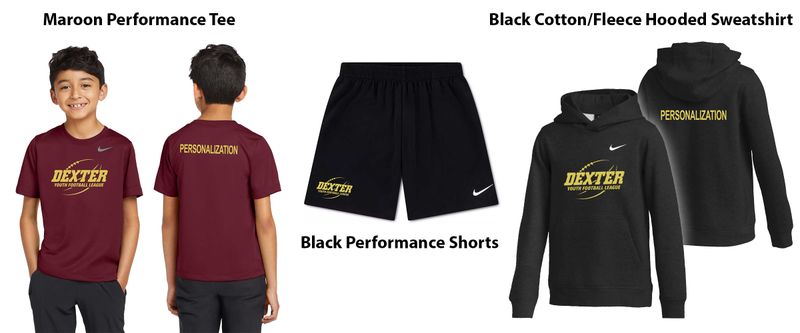 NIKE PLAYER PACK (Youth and Adult Sizes included) - Includes Black Nike Cotton Hood with Last Name, Nike Shorts, Nike Performance T-shirt in Maroon NIKE PLAYER PACK (Youth and Adult Sizes included) - Includes Black Nike Cotton Hood with Last Name, Nike Shorts, Nike Performance T-shirt in Maroon