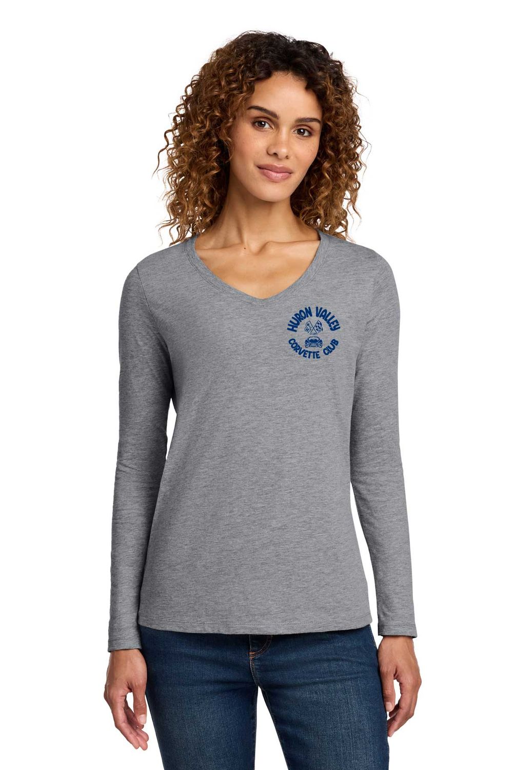 Ladies V-Neck Long Sleeve Cotton Tee- Athletic Heather, Dark Grey, Black, Navy, Pink, Red, White