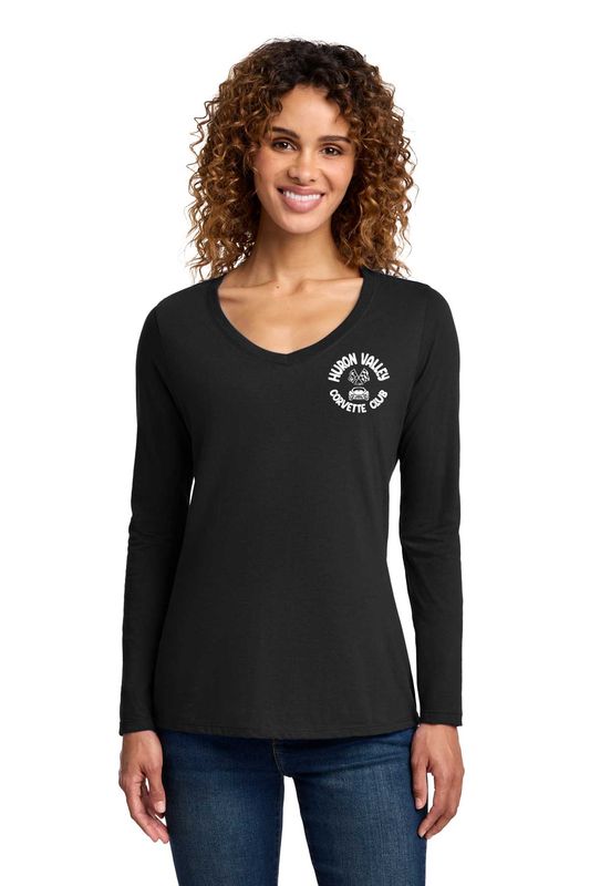 Ladies V-Neck Long Sleeve Cotton Tee- Athletic Heather, Dark Grey, Black, Navy, Pink, Red, White