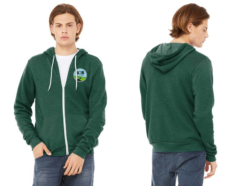 B2B TRAIL logo: Unisex Sponge Fleece Full Zip Hoodie- Heather Navy, Heather Forest, Athletic Heather