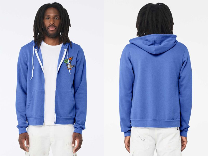 ON YOUR LEFT GOOSE logo: Unisex Sponge Fleece Full Zip Hoodie- Atlantic, Heather Columbia Blue ON YOUR LEFT GOOSE logo: Unisex Sponge Fleece Full Zip Hoodie- Atlantic, Heather Columbia Blue