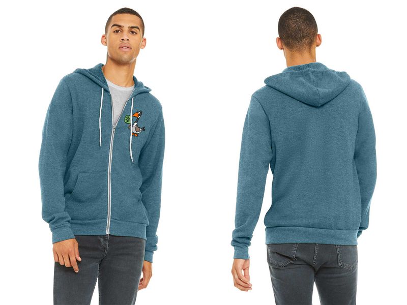 ON YOUR LEFT GOOSE logo: Unisex Sponge Fleece Full Zip Hoodie- Atlantic, Heather Columbia Blue