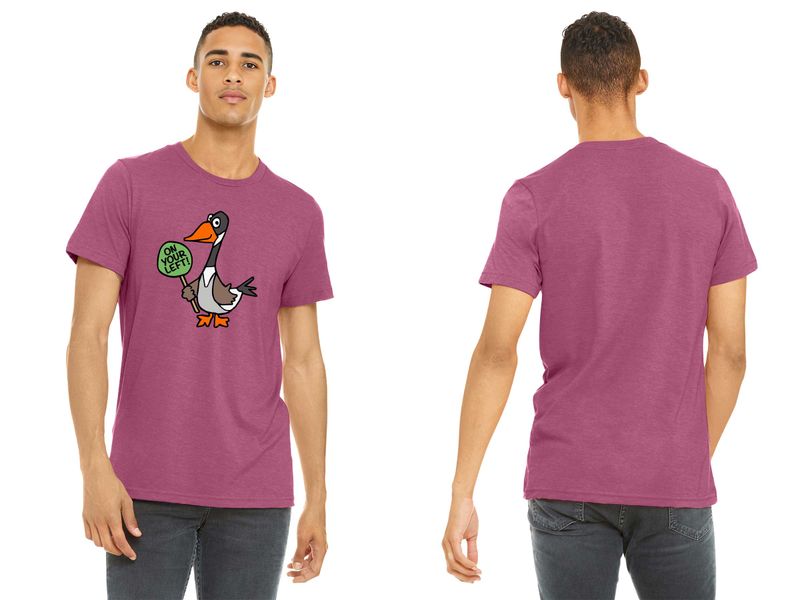 ON YOUR LEFT GOOSE logo: Bella & Canvas Adult Soft Cotton T-Shirt - Heather Slate, Heather Raspberry ON YOUR LEFT GOOSE logo: Bella & Canvas Adult Soft Cotton T-Shirt - Heather Slate, Heather Raspberry