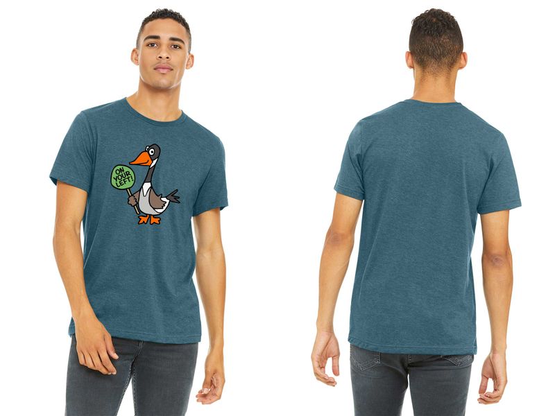 ON YOUR LEFT GOOSE logo: Bella & Canvas Adult Soft Cotton T-Shirt - Heather Slate, Heather Raspberry