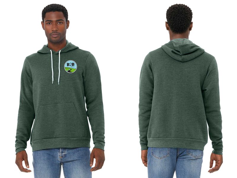 B2B TRAIL logo: Unisex Fleece Pullover Hooded Sweatshirt- Heather Navy, Heather Forest, Athletic Heather