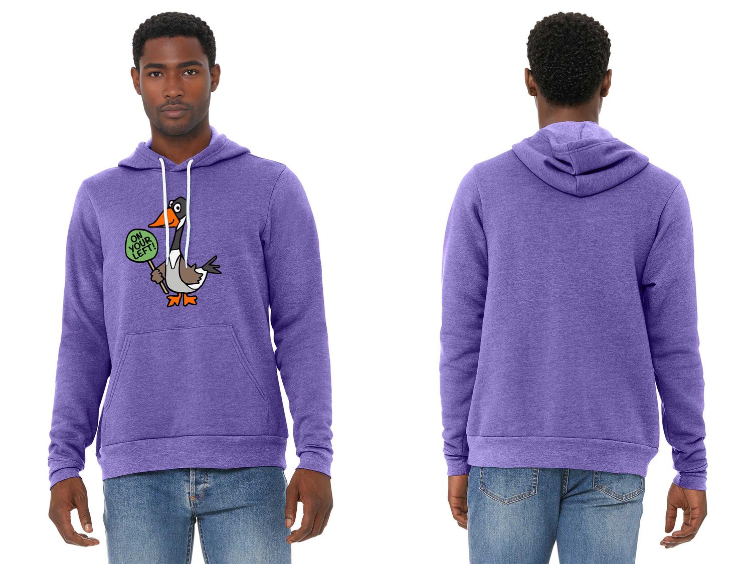 ON YOUR LEFT GOOSE logo: Unisex Fleece Pullover Hooded Sweatshirt- Heather Team Purple, Heather Mustard, Heather Olive ON YOUR LEFT GOOSE logo: Unisex Fleece Pullover Hooded Sweatshirt- Heather Team Purple, Heather Mustard, Heather Olive
