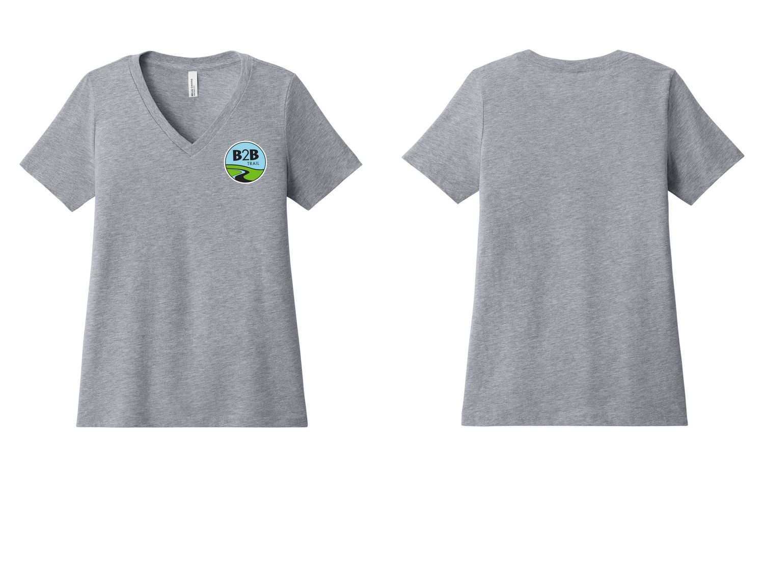 B2B TRAIL logo: Bella+Canvas Women’s Relaxed Jersey Short Sleeve V-Neck Tee- Athletic Heather, Heather Navy, Heather True Royal