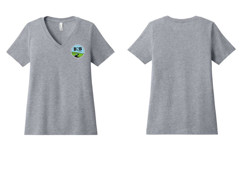 B2B TRAIL logo: Bella+Canvas Women’s Relaxed Jersey Short Sleeve V-Neck Tee- Athletic Heather, Heather Navy, Heather True Royal B2B TRAIL logo: Bella+Canvas Women’s Relaxed Jersey Short Sleeve V-Neck Tee- Athletic Heather, Heather Navy, Heather True Royal