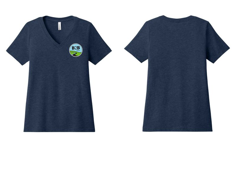 B2B TRAIL logo: Bella+Canvas Women’s Relaxed Jersey Short Sleeve V-Neck Tee- Athletic Heather, Heather Navy, Heather True Royal