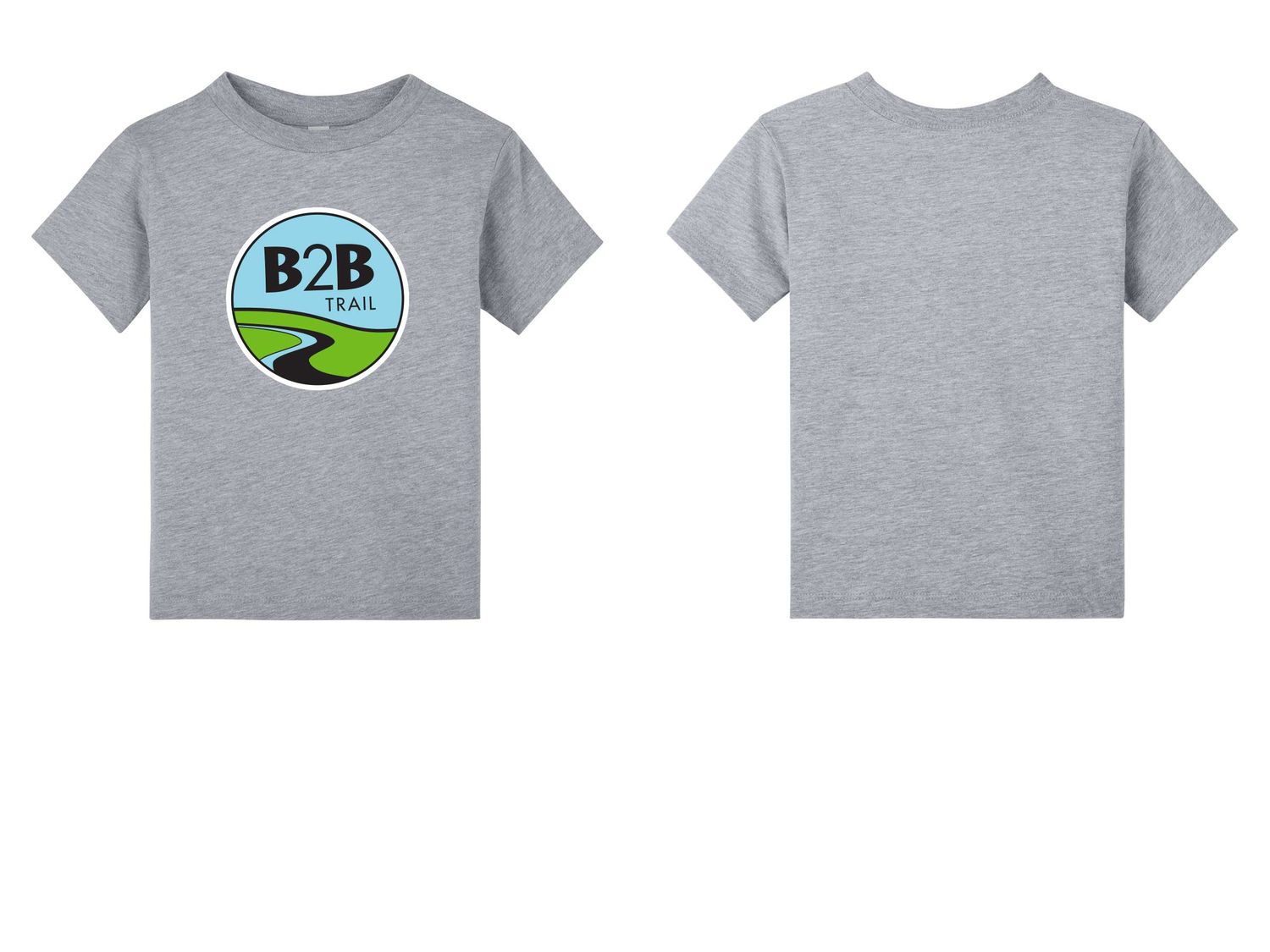 B2B TRAIL logo: Bella+Canvas Toddler Short Sleeve Tee- Heather Navy, Heather Team Purple, Heather Columbia Blue, Athletic Heather