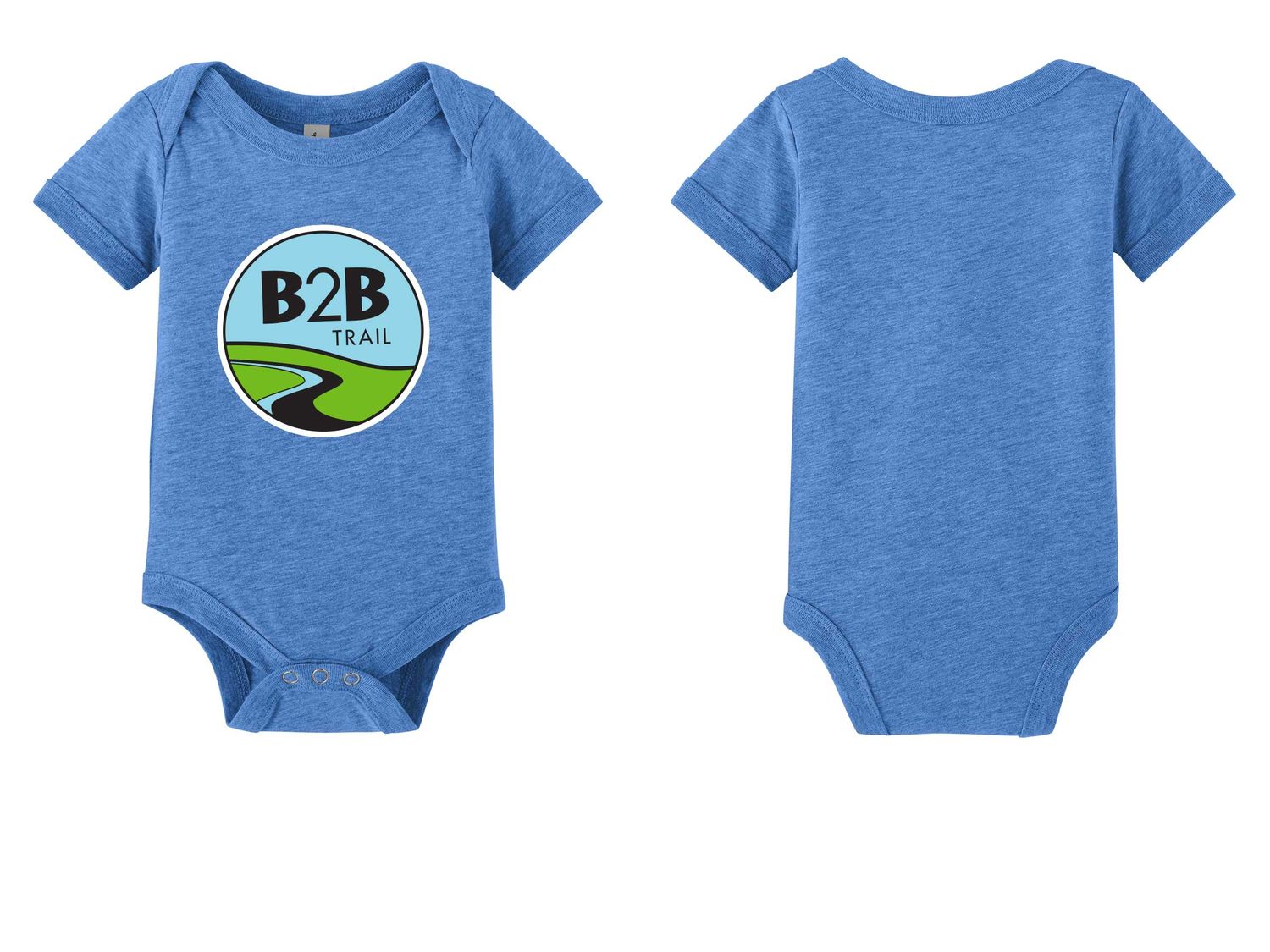 B2B TRAIL logo: Bella+Canvas Infant Jersey Short Sleeve One Piece- Heather Mauve, Heather Columbia Blue