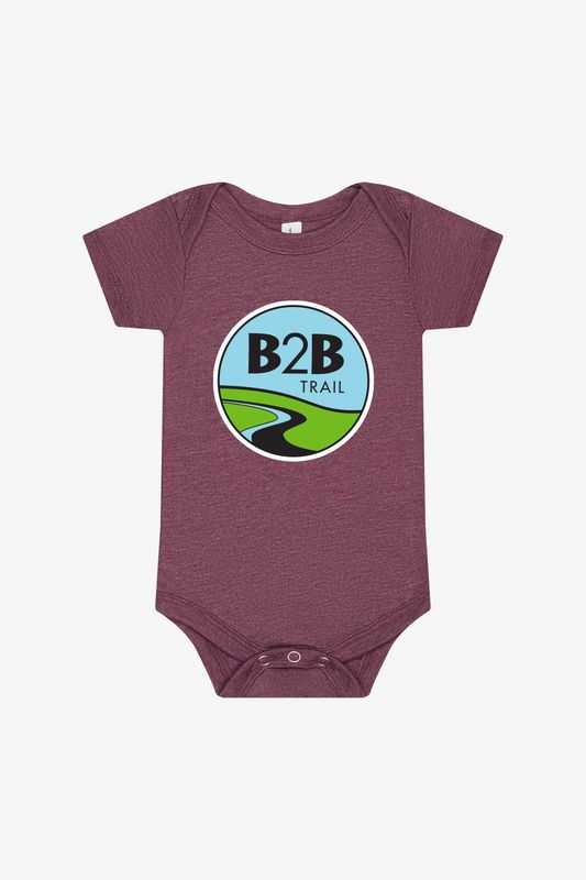 B2B TRAIL logo: Bella+Canvas Infant Jersey Short Sleeve One Piece- Heather Stone, Heather Maroon