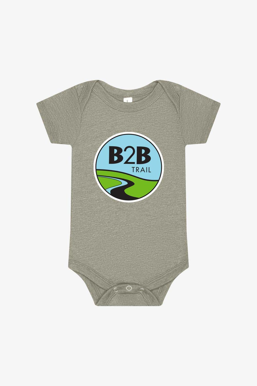 B2B TRAIL logo: Bella+Canvas Infant Jersey Short Sleeve One Piece- Heather Stone, Heather Maroon