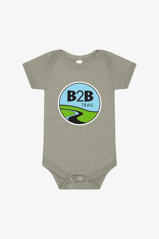 B2B TRAIL logo: Bella+Canvas Infant Jersey Short Sleeve One Piece- Heather Stone, Heather Maroon B2B TRAIL logo: Bella+Canvas Infant Jersey Short Sleeve One Piece- Heather Stone, Heather Maroon