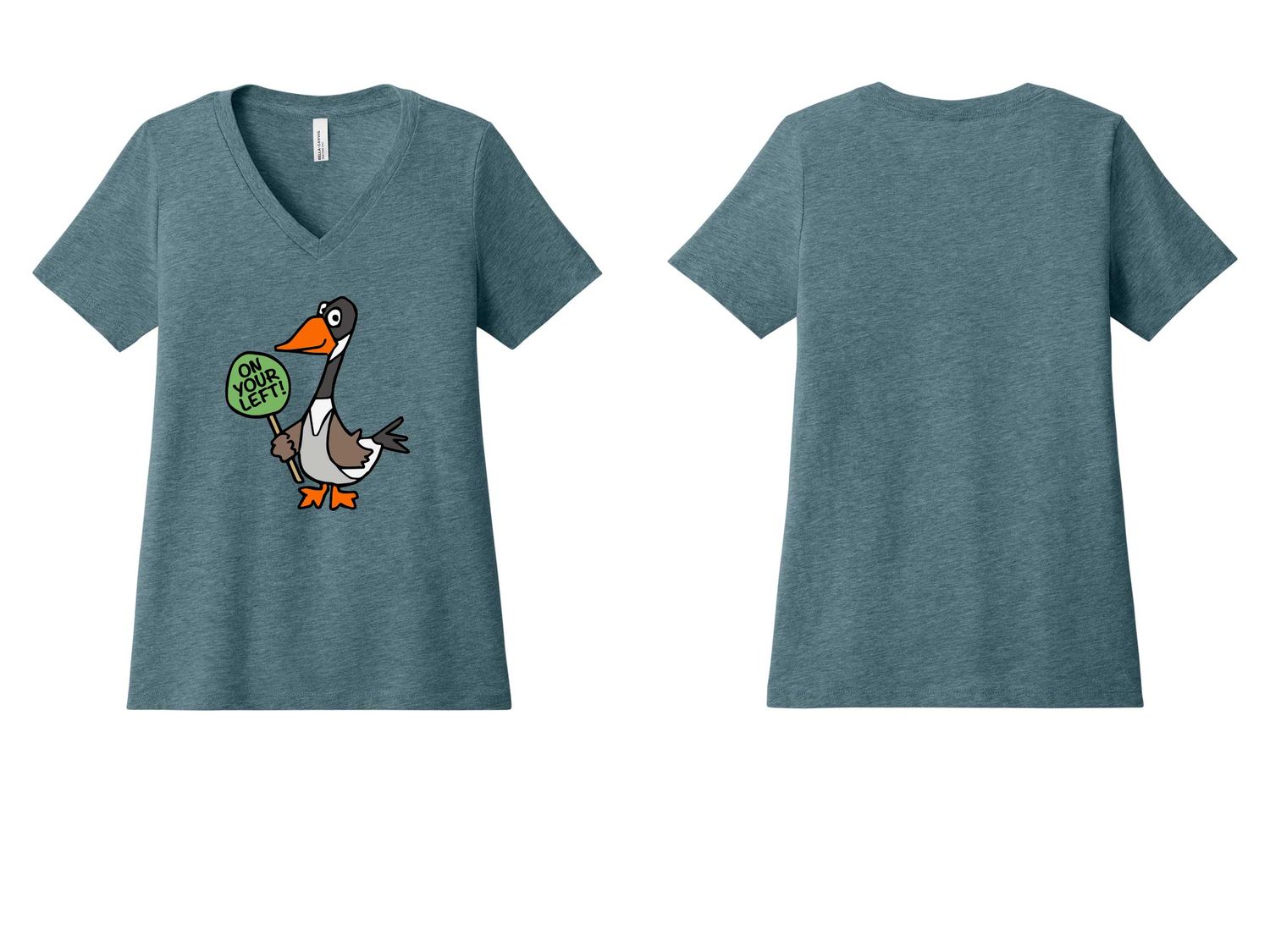 ON YOUR LEFT GOOSE logo: Bella+Canvas Women’s Relaxed Jersey Short Sleeve V-Neck Tee- Heather Slate, Heather True Royal